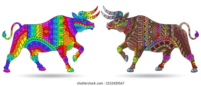 A set of stained glass illustrations with abstract bulls, animals isolated on a white background