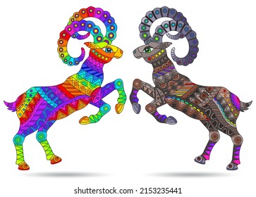 A set of stained glass illustrations with abstract bulls, animals isolated on a white background