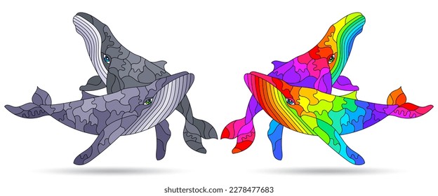 Un conjunto de ilustraciones de vidrio manchado con ballenas abstractas, animales aislados en un fondo blanco