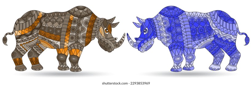 A set of stained glass illustrations with abstract rhinos, animals isolated on a white background, tone blue and brown