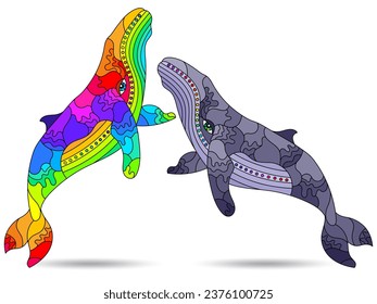 Un conjunto de ilustraciones de vidrio manchado con ballenas abstractas, animales aislados en un fondo blanco