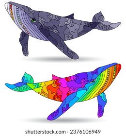 Un conjunto de ilustraciones de vidrio manchado con ballenas abstractas, animales aislados en un fondo blanco