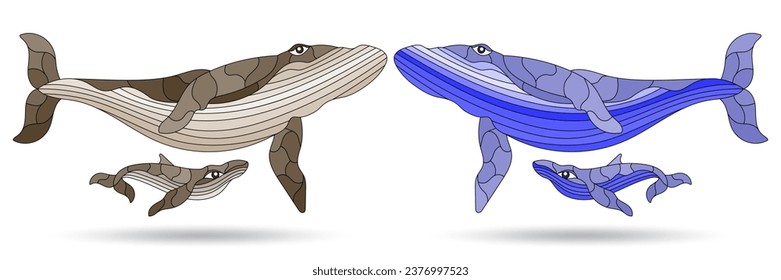A set of stained glass illustrations with abstract whales, animals isolated on a white background, tone blue and brown