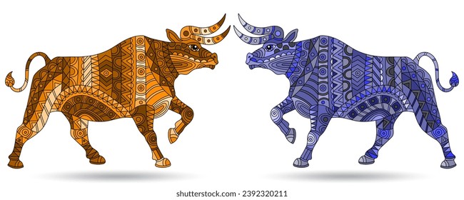 A set of stained glass illustrations with abstract bulls, animals isolated on a white background, tone blue and brown