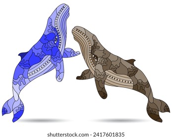 A set of stained glass illustrations with abstract whales, animals isolated on a white background, tone blue and brown