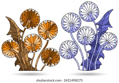 A set of stained glass illustrations with abstract dandelion flowers, bouquets isolated on a white background, tone blue and brown