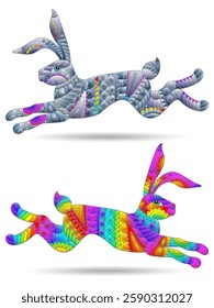 A set of stained glass illustrations with abstract rabbits, animals isolated on a white background