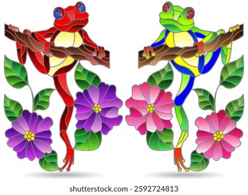 A set of stained glass illustrations with abstract frogs on tree branches, isolated on a white background