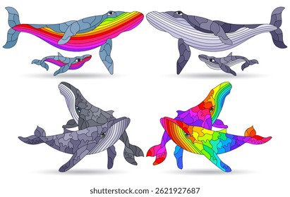 A set of stained glass illustrations with abstract whales, animals isolated on a white background