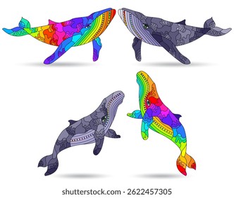 A set of stained glass illustrations with abstract whales, animals isolated on a white background