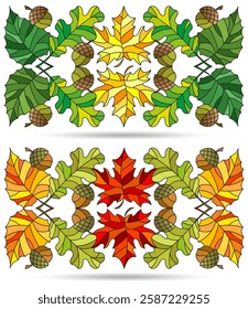 A set of stained glass illustrations with autumn leaves and acorns, isolated on a white background