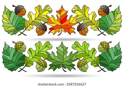 A set of stained glass illustrations with autumn leaves and acorns, isolated on a white background