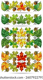 A set of stained glass illustrations with autumn leaves and acorns, isolated on a white background