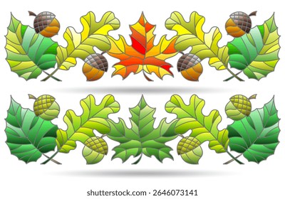 A set of stained glass illustrations with autumn leaves and acorns, isolated on a white background