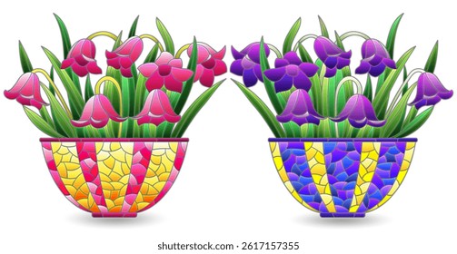 A set of stained glass illustrations with bell flowers bouquets , dark outlines on a white background