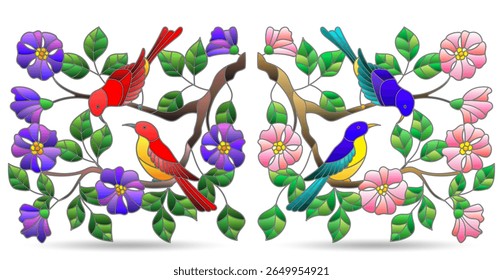 A set of stained glass illustrations with birds on rosehip branches, isolated on a white background