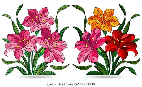 Set of stained glass illustrations with bouquets of Lily flowers, isolated on white background