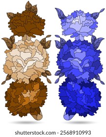 A set of stained glass illustrations with bouquets of carnations, flowers isolated on a white background, tone blue and brown