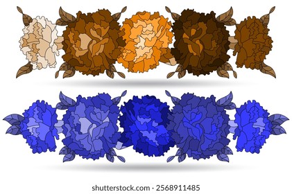 A set of stained glass illustrations with bouquets of carnations, flowers isolated on a white background, tone blue and brown