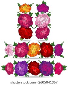 A set of stained glass illustrations with bouquets of carnations, flowers isolated on a white background