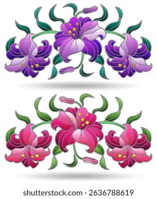 Set of stained glass illustrations with bouquets and lilies flowers, flovers isolted on awhite background