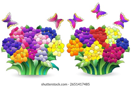 A set of stained glass illustrations with bouquets of hydrangea flowers isolated on a white background