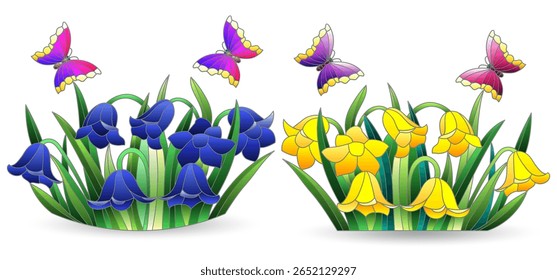 A set of stained glass illustrations with bouquets of bluebell flowers, isolated on a white background