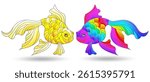A set of stained glass illustrations with bright goldfish on a background of water and algae