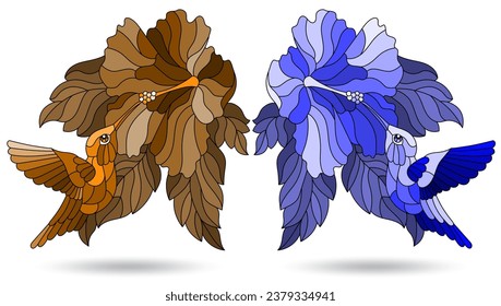 A set of stained glass illustrations with bright hummingbird birds and flowers, animals isolated on a white background, tone blue and brown