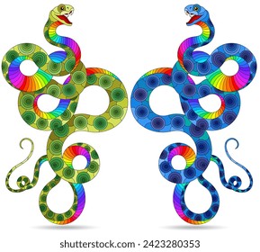A set of stained glass illustrations with bright snakes, animals isolated on a white background