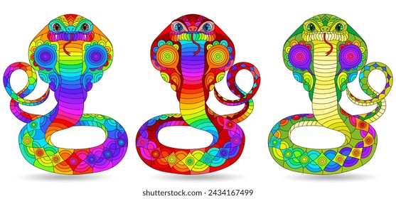 A set of stained glass illustrations with bright snakes cobras, animals isolated on a white background