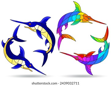 A set of stained glass illustrations with bright swordfish, animals isolated on a white background