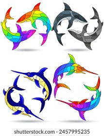 A set of stained glass illustrations with bright swordfish and sharks, animals isolated on a white background
