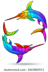 A set of stained glass illustrations with bright swordfish, animals isolated on a white background