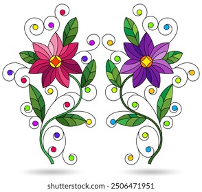 A set of stained glass illustrations with bright flowers on a background of blue sky and clouds