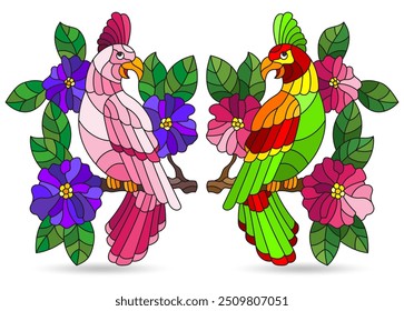 A set of stained glass illustrations with bright parrot birds on the branches of flowering trees, animals isolated on a white background