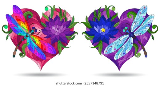 A set of stained glass illustrations with bright dragonflies and flowers on hearts, compositions isolated on a white background