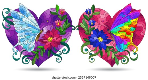 A set of stained glass illustrations with bright butterflies and flowers on hearts, compositions isolated on a white background
