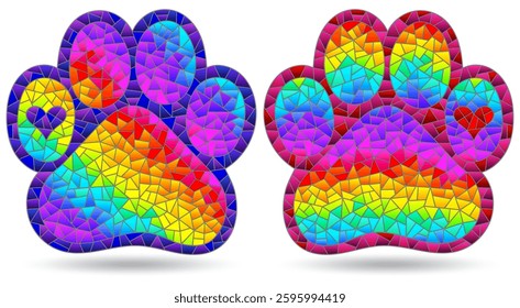 A set of stained glass illustrations with bright cat paws isolated on a white background