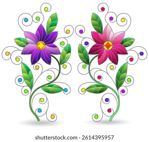 A set of stained glass illustrations with bright flowers on a background of blue sky and clouds