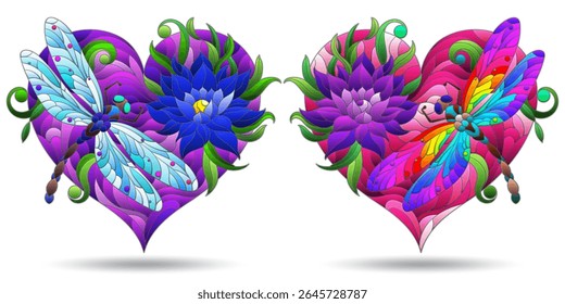 Um conjunto de ilustrações de vitrais com libélulas brilhantes e flores em corações, composições isoladas em um fundo branco