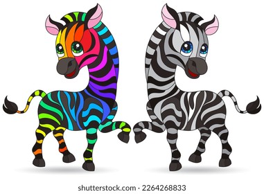 A set of stained glass illustrations with cartoon zebras, animals isolated on a white background