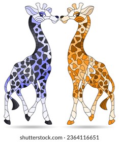 A set of stained glass illustrations with cartoon giraffes, animals isolated on a white background, tone blue and brown