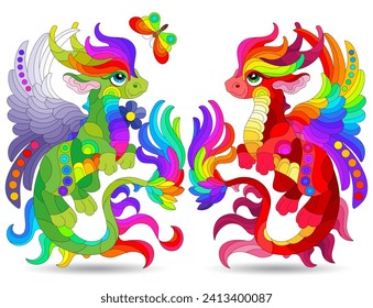 A set of stained glass illustrations with cartoon dragons, animals isolated on a white background