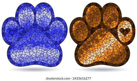 A set of stained glass illustrations with a cat paws isolated on a white background, tone blue and brown