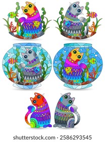 A set of stained glass illustrations with cats and an aquarium, animals isolated on a white background