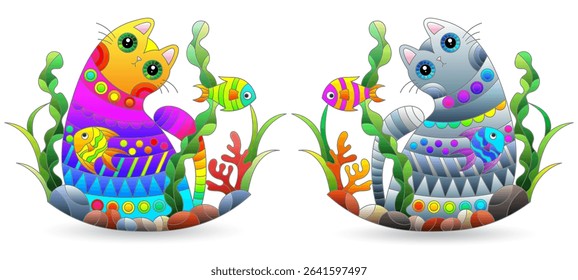A set of stained glass illustrations with cats and  fish , animals isolated on a white background