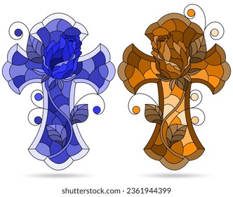 A set of stained glass illustrations with Christian crosses isolated on a white background, tone blue and brown