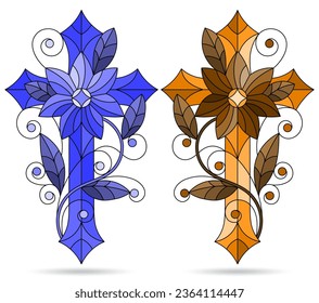 A set of stained glass illustrations with Christian crosses isolated on a white background, tone blue and brown