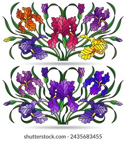 A set of stained glass illustrations with compositions of iris flowers, isolated on a white background